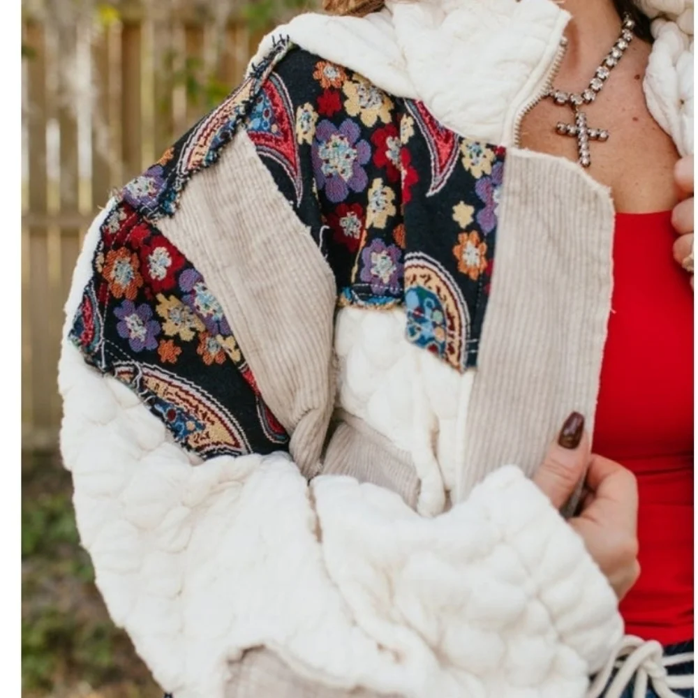 POL Boho Bold Quilted Hooded Jacket Patchwork Corduroy NEW